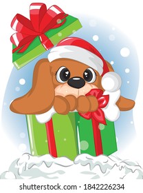 Un cachorro lindo dentro de las cajas de regalo. Ilustración de la tarjeta navideña del perro encantador en la caja