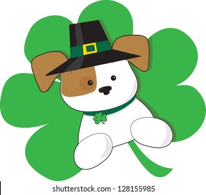 A cute puppy with Irish top hat is superimposed on a green shamrock in celebration of St Patrick's day.