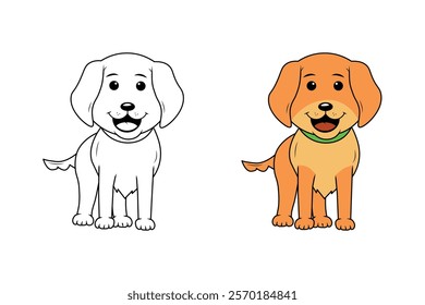 A Cute Puppy isolated black and white outline with colour guide for coloring book