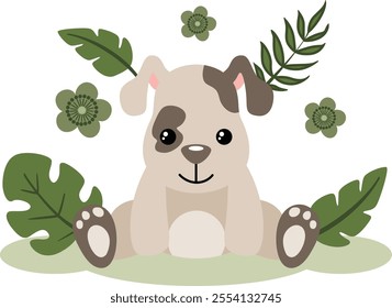 Cute puppy in the jungle with leaves