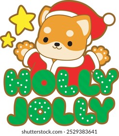 Cute puppy kawaii christmas dog lovely animal vector icon. Fluffy Shiba Inu christmas stickers. Santa doggy
Shiba Inu wearing a santa hat behind the 'Holly Jolly' text