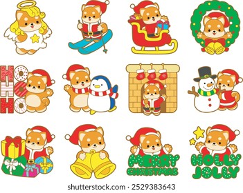 Cachorro bonitinho kawaii natal cão adorável ícone do vetor animal. Adesivos de Natal fofos Shiba Inu. Cachorro Santa
Variação de feliz natal shiba inu