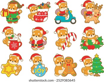 Cute puppy kawaii christmas dog lovely animal vector icon. Fluffy Shiba Inu christmas stickers. Santa doggy
Variation of christmas sticker with shiba inu characters