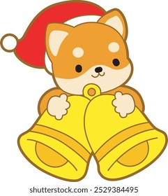 Cute puppy kawaii christmas dog lovely animal vector icon. Fluffy Shiba Inu christmas stickers. Santa doggy
Shiba Inu bring a two bells wearing a santa hat