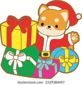 Cute puppy kawaii christmas dog lovely animal vector icon. Fluffy Shiba Inu christmas stickers. Santa doggyShiba Inu with a lot of gift