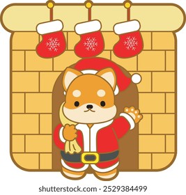 Cute puppy kawaii christmas dog lovely animal vector icon. Fluffy Shiba Inu christmas stickers. Santa doggy
Santa Shiba Inu arrive in the fireplace with three socks