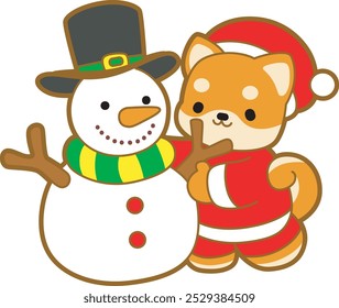 Cute puppy kawaii christmas dog lovely animal vector icon. Fluffy Shiba Inu christmas stickers. Santa doggy
Shiba Inu with snowman wearing a scarf