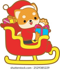 Cachorro bonitinho kawaii natal cão adorável ícone do vetor animal. Adesivos de Natal fofos Shiba Inu. Cachorro Santa
Shiba Inu trazer um monte de presente no transporte de Santa