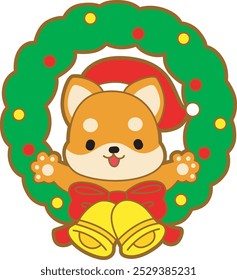 Cachorro bonitinho kawaii natal cão adorável ícone do vetor animal. Adesivos de Natal fofos Shiba Inu. Cachorro Santa
Shiba Inu como decoração de Natal