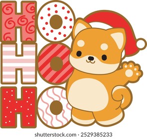 Cute puppy kawaii christmas dog lovely animal vector icon. Fluffy Shiba Inu christmas stickers. Santa doggy
Shiba Inu with 'Ho Ho Ho' text