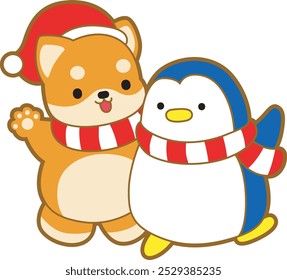 Cute puppy kawaii christmas dog lovely animal vector icon. Fluffy Shiba Inu christmas stickers. Santa doggy
Shiba Inu with blue penguin wearing a scarf