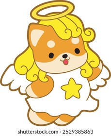 Cute puppy kawaii christmas dog lovely animal vector icon. Fluffy Shiba Inu christmas stickers. Santa doggy
Shiba Inu wearing an angel costume and ring 