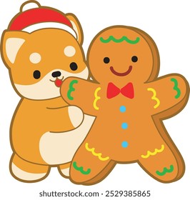 Cute puppy kawaii christmas dog lovely animal vector icon. Fluffy Shiba Inu christmas stickers. Santa doggy
Shiba Inu with ginger bread