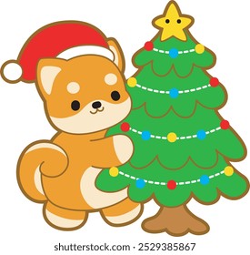 Cute puppy kawaii christmas dog lovely animal vector icon. Fluffy Shiba Inu christmas stickers. Santa doggy
Shiba Inu bring a big christmas tree