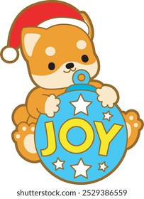 Cute puppy kawaii christmas dog lovely animal vector icon. Fluffy Shiba Inu christmas stickers. Santa doggy
Shiba Inu bring a ball with 'Joy' text