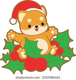 Cute puppy kawaii christmas dog lovely animal vector icon. Fluffy Shiba Inu christmas stickers. Santa doggy
Shiba Inu with christmas plant