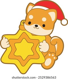 Cute puppy kawaii christmas dog lovely animal vector icon. Fluffy Shiba Inu christmas stickers. Santa doggy
Shiba Inu bring a stars