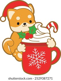 Cute puppy kawaii christmas dog lovely animal vector icon. Fluffy Shiba Inu christmas stickers. Santa doggy
Shiba Inu bring a hot chocolate with creamer