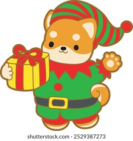 Cute puppy kawaii christmas dog lovely animal vector icon. Fluffy Shiba Inu christmas stickers. Santa doggy
Shiba Inu wearing a dwarf costume