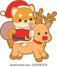 Cute puppy kawaii christmas dog lovely animal vector icon. Fluffy Shiba Inu christmas stickers. Santa doggy
Shiba Inu riding a reindeer