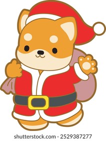 Cute puppy kawaii christmas dog lovely animal vector icon. Fluffy Shiba Inu christmas stickers. Santa doggy
Shiba Inu bring a buck of gift