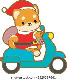 Cute puppy kawaii christmas dog lovely animal vector icon. Fluffy Shiba Inu christmas stickers. Santa doggy
Shiba Inu driving a scooter