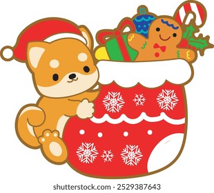 Cute puppy kawaii christmas dog lovely animal vector icon. Fluffy Shiba Inu christmas stickers. Santa doggy
Shiba Inu bring a buck of dessert christmas in the socks