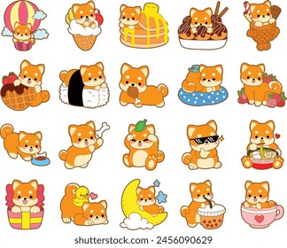 Cute puppy kawaii dog lovely animal vector icon. Fluffy Shiba Inu pet stickers. Happy doggy activities illustrations.