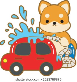 Lindo cachorro kawaii perro encantador icono de Vector animal. Fluffy Shiba Inu pegatinas para mascotas. Ilustraciones de actividades de perrito feliz.
Shiba Inu lavando un coche