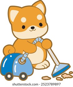 Cute puppy kawaii dog lovely animal vector icon. Fluffy Shiba Inu pet stickers. Happy doggy activities illustrations.
Shiba Inu cleaning the floor with vacuum cleaner