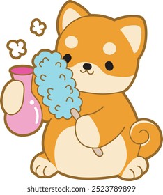 Lindo cachorro kawaii perro encantador icono de Vector animal. Fluffy Shiba Inu pegatinas para mascotas. Ilustraciones de actividades de perrito feliz.
Shiba Inu limpiando el jarrón con plumero