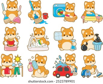 Cute puppy kawaii dog lovely animal vector icon. Fluffy Shiba Inu pet stickers. Happy doggy activities illustrations.
Variation of chores shiba inu elements. 