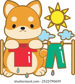 Lindo cachorro kawaii perro encantador icono de Vector animal. Fluffy Shiba Inu pegatinas para mascotas. Ilustraciones de actividades de perrito feliz.
Shiba Inu seca y limpia la ropa y los pantalones bajo el sol