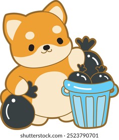 Lindo cachorro kawaii perro encantador icono de Vector animal. Fluffy Shiba Inu pegatinas para mascotas. Ilustraciones de actividades de perrito feliz.
Shiba Inu tira la basura