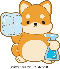 Cute puppy kawaii dog lovely animal vector icon. Fluffy Shiba Inu pet stickers. Happy doggy activities illustrations.
Shiba Inu wipe the window with spray