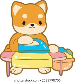 Lindo cachorro kawaii perro encantador icono de Vector animal. Fluffy Shiba Inu pegatinas para mascotas. Ilustraciones de actividades de perrito feliz.
Shiba Inu planchando la ropa.