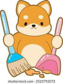 Lindo cachorro kawaii perro encantador icono de Vector animal. Fluffy Shiba Inu pegatinas para mascotas. Ilustraciones de actividades de perrito feliz.
Shiba Inu limpiando el suelo con escoba y plumero