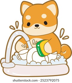 Süße Welpe Kawaii Hund schöne Tier Vektorsymbol. Fluffy Shiba Inu Aufkleber für Haustiere. Happy doggy Aktivitäten Illustrationen.
Shiba Inu Reinigung der Teller und Tasse in der Spüle