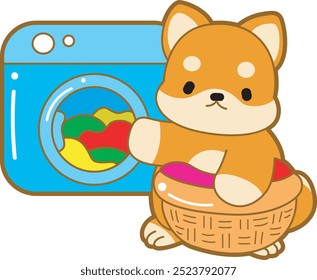 Lindo cachorro kawaii perro encantador icono de Vector animal. Fluffy Shiba Inu pegatinas para mascotas. Ilustraciones de actividades de perrito feliz.
Shiba Inu lavando una ropa con lavadora