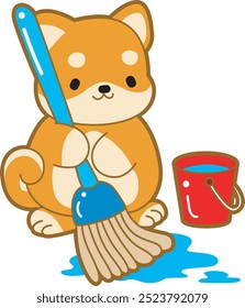 Cute puppy kawaii dog lovely animal vector icon. Fluffy Shiba Inu pet stickers. Happy doggy activities illustrations.
Shiba Inu cleaning the floor with mop