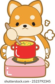 Cute puppy kawaii dog lovely animal vector icon. Fluffy Shiba Inu pet stickers. Happy doggy activities illustrations.
Shiba Inu cooking time