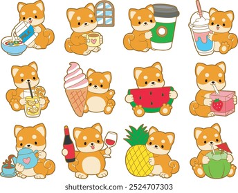 Cute puppy kawaii dog lovely animal vector icon. Fluffy Shiba Inu pet stickers. Happy doggy activities illustrations.Variation drinking of cute shiba inu