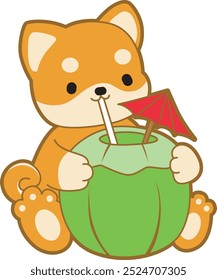 Lindo cachorro kawaii perro encantador icono de Vector animal. Fluffy Shiba Inu pegatinas para mascotas. Ilustraciones de actividades de perrito feliz.
Shiba Inu bebiendo un coco