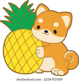 Cute puppy kawaii dog lovely animal vector icon. Fluffy Shiba Inu pet stickers. Happy doggy activities illustrations.
Shiba Inu bring a pineapple