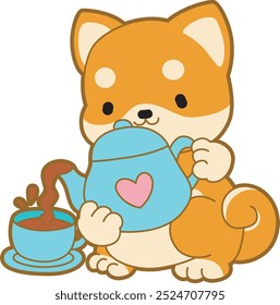 Lindo cachorro kawaii perro encantador icono de Vector animal. Fluffy Shiba Inu pegatinas para mascotas. Ilustraciones de actividades de perrito feliz.
Shiba Inu vertiendo un té en una taza