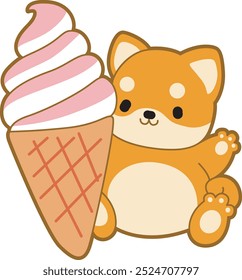 Cute puppy kawaii dog lovely animal vector icon. Fluffy Shiba Inu pet stickers. Happy doggy activities illustrations.
Shiba Inu bring a big ice cream