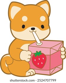 Lindo cachorro kawaii perro encantador icono de Vector animal. Fluffy Shiba Inu pegatinas para mascotas. Ilustraciones de actividades de perrito feliz.
Shiba Inu bebiendo una leche de fresa