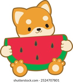 Lindo cachorro kawaii perro encantador icono de Vector animal. Fluffy Shiba Inu pegatinas para mascotas. Ilustraciones de actividades de perrito feliz.
Shiba Inu trae una gran sandía