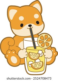 Cute puppy kawaii dog lovely animal vector icon. Fluffy Shiba Inu pet stickers. Happy doggy activities illustrations.
Shiba inu drinking an orange juice