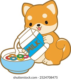 Lindo cachorro kawaii perro encantador icono de Vector animal. Fluffy Shiba Inu pegatinas para mascotas. Ilustraciones de actividades de perrito feliz.
Shiba Inu vertiendo una leche en el cereal